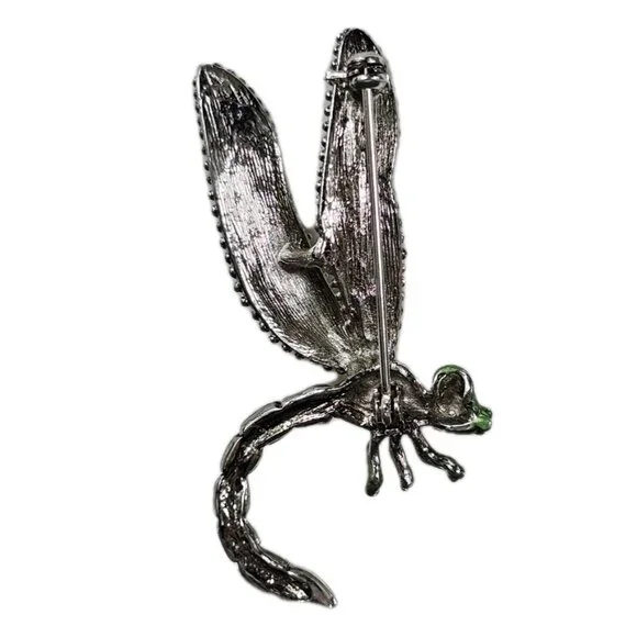 Dragonfly Brooch PIN Green Enamel Wings & Amber Rhinestones Nature Jewelry VTG - Picture 2 of 4